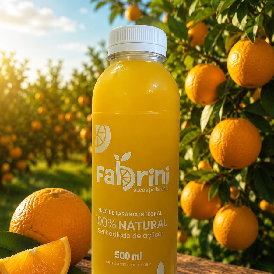 Garrafa de suco de laranja Fabrini de 500 ml com laranjeiras ao fundo